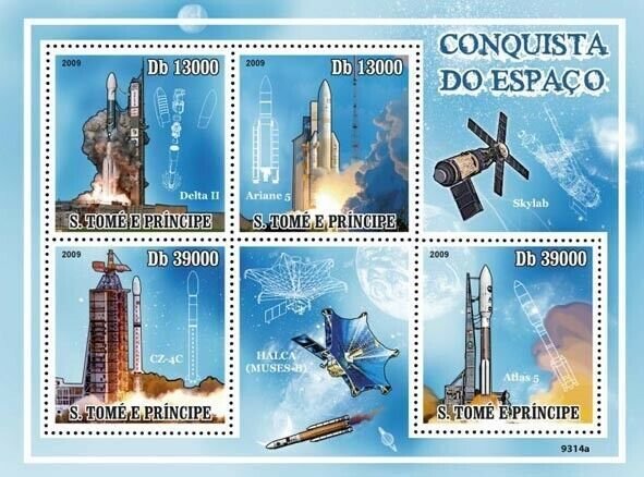 S. TOME & PRINCIPE 2009 - Conquest of Space (Delta II, Ariane 5, CZ-4C, Atlas 5)