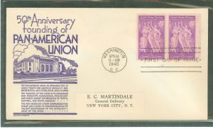 US 895 1940 3c Pan American Union/50th anniversary (pair) on an addressed (label) first day cover with an Anderson cachet.