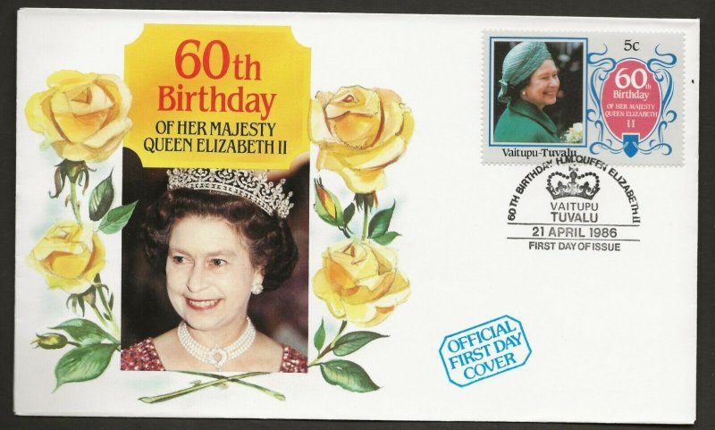 VAITUPU-TUVALU 1986 60TH BIRTHDAY QUEEN ELIZABETH,SET+SOUV/SHEET ON 5 FDC'S