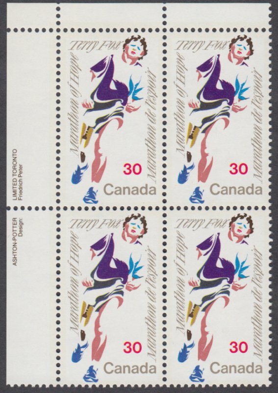 Canada - #915 Terry Fox Plate Block - MNH