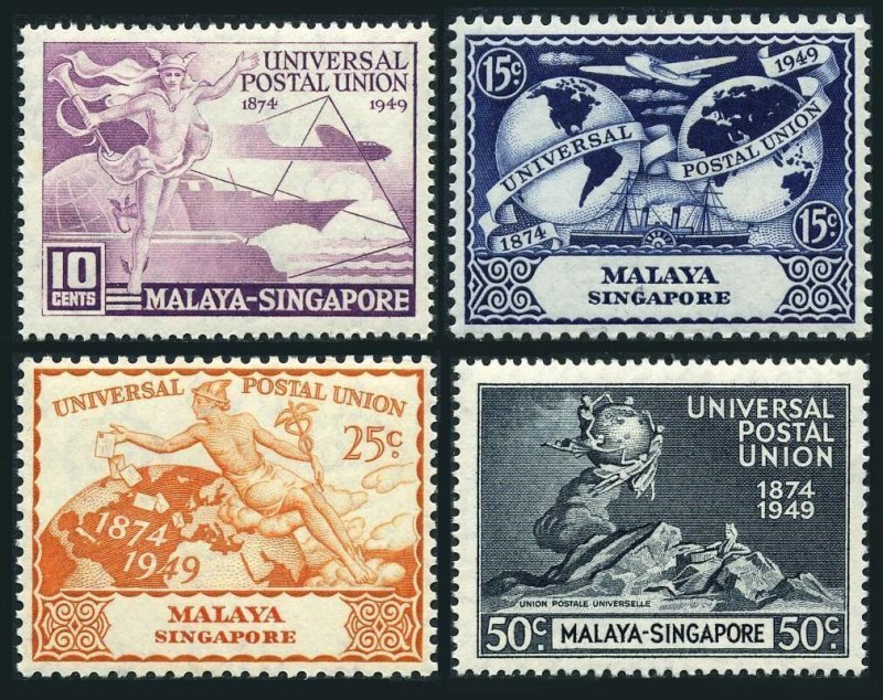Singapore 23-26, MNH. Mi 23-26. UPU-75,1949. Mercury,Plane,Ship, Train,Monument.