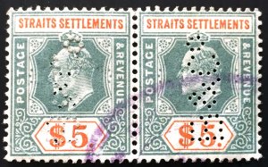 Malaya Straits Settlements 1902 KE VII Crown CA $5 Pair PERFIN SG#121 M2511