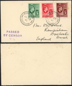 VIRGIN Is 1941 3d Rate Cover Scarce Passed/by censor/vs. Handstamp in Violet