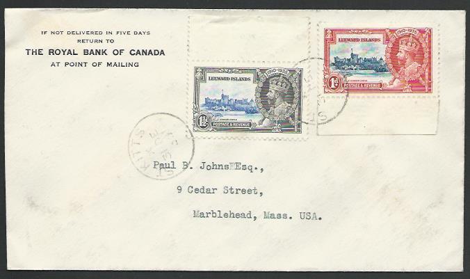 LEEWARD IS USED ST KITTS 1935 cover to USA, Jubilee 1d & 1½d...............53119