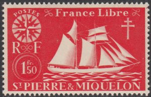 St Pierre et Miquelon 1942 MNH Sc #307 1.50fr St Malo Fishing Schooner