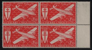 St Pierre et Miquelon 1942 MNH Sc C2 1.50fr Airplane, bright red Block with s...