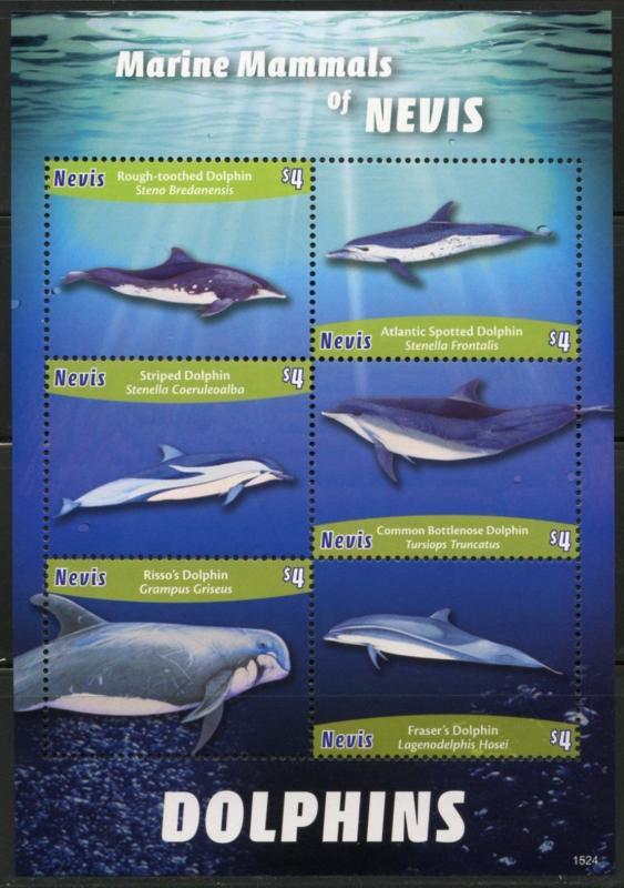 NEVIS 2016 DOLPHINS  SHEET  OF SIX  MINT NH 