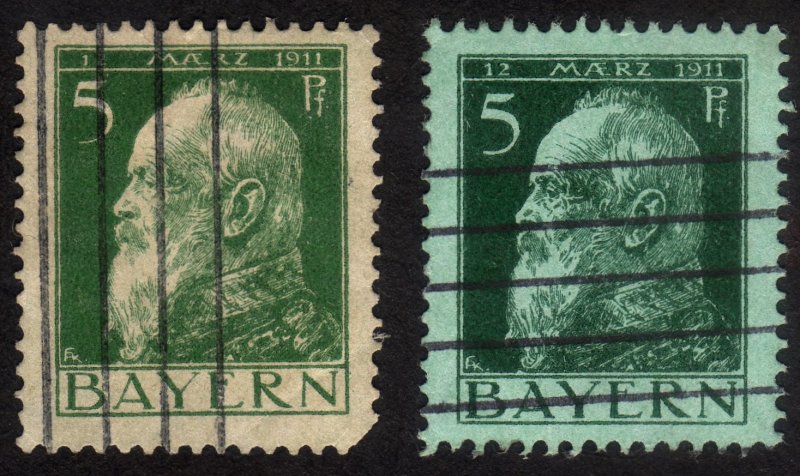 1911, Germany Bavaria, 5pfg, Used, Different shades, Sc 78 Type I & II