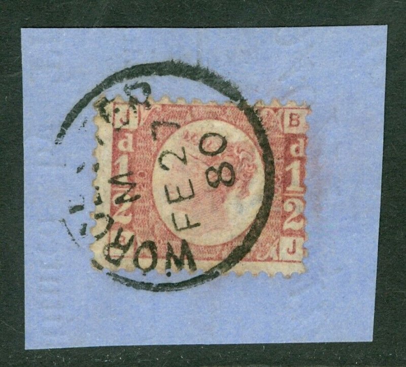 SG 48 ½d rose-red plate 20. Very fine used on small piece, tied by a Worcester..