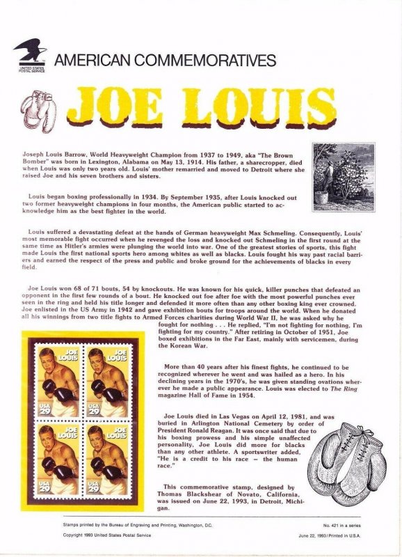 USPS Commemorative Panel 421 #2766 Joe Louis Boxing Mint Block/4 1993