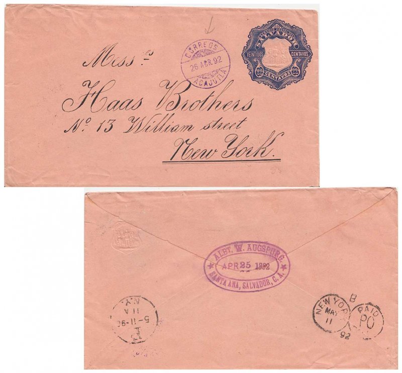 Salvador 22c Coat of Arms Envelope 1892 Correos, Acajutla to New York, N.Y.  ...