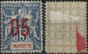 Mayotte 24 (mhr, stain on back) 5c on 15c navigation & commerce, blue (1912)