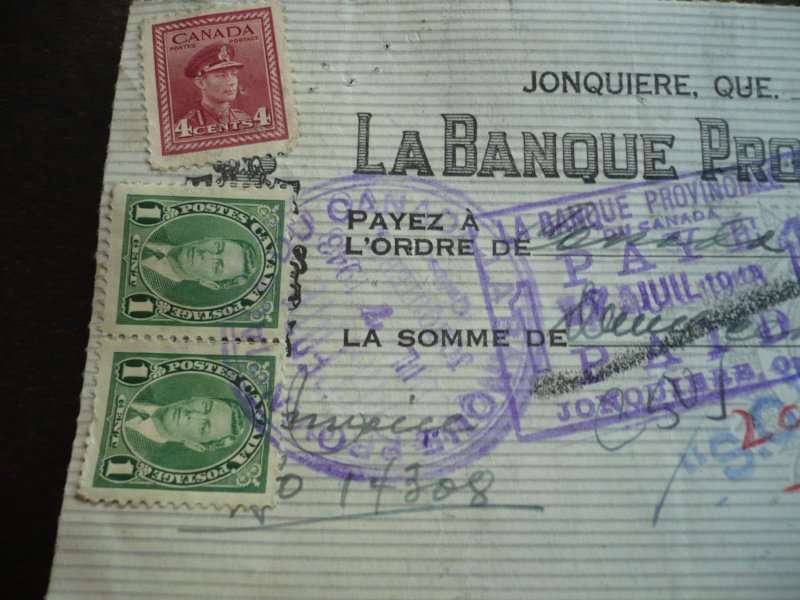 Canada - Revenue - KGVI Mufti & War Issue Stamps on cheque dated 1943