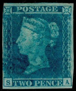 SG14, 2d blue PLATE 3, USED. Cat £1000. BRANDON CERT. BLUE POSTMARK. SA