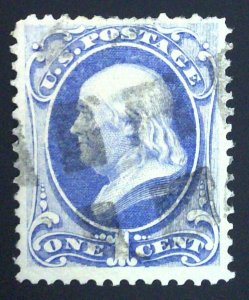 Scott #134A - VF - 1c Ultramarine - I Grill - Franklin - Used - 1870