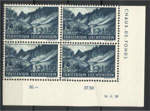 LIECHTENSTEIN, 1,50 FRANCS 1938, VF MNH BLOCK OF 4!