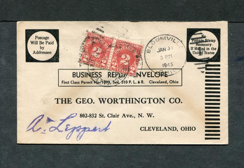 Postal History - Bloomville OH 1945 Black Numeral Duplex Cancel #J81 Cover B0600