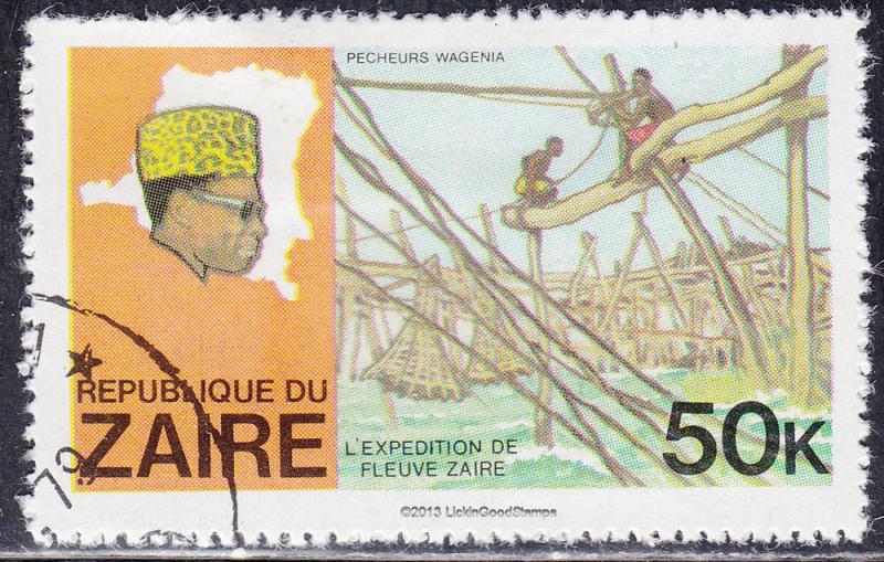 Zaire 909 USED 1979 Pres. Mobotu, Map of Zaire, Fishermen