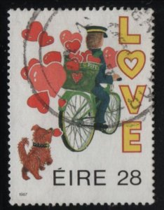 Ireland 1987 used Sc 680 28p, Postman on bicycle delivering hearts - Greetings