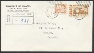 1970 Registered Cover, Allenford ONT to Guelph, Centennials 6c Orange