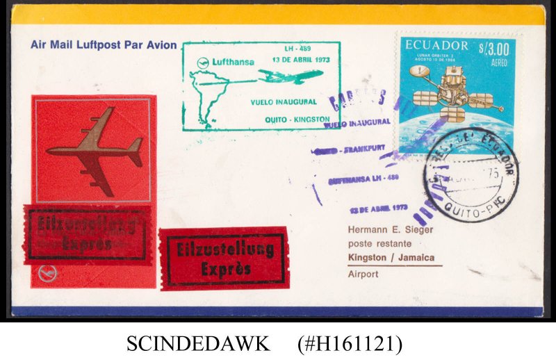 ECUADOR - 1973 LUFTHANSA LH-489 QUITO to KINGSTON - FFC FIRST FLIGHT COVER