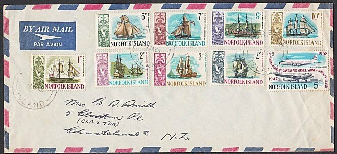 NORFOLK IS 1969 airmail cover to New Zealand - nice franking................C743