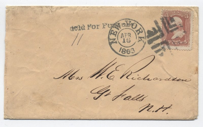 1863 New York City to NH held for postage #65 cover [Q.470] 