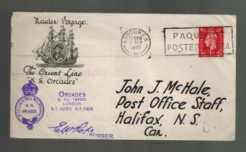 1937 England SS Orcades Maiden Voyage Ship Cover to Canada w clippings