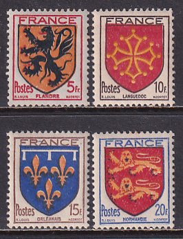 France 1944 Sc 467-70 Arms of Flanders Languedoc Orleans Normandy Stamp MH