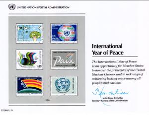 UN SC30 Year of Peace Souvenir Card Mint