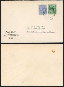 VIRGIN Is 1941 3d Rate Cover Scarce Passed/by censor/vs. Handstamp in Violet