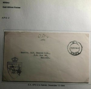 1944 East Africa Force APO 2 Censored OAS Cover To Nairobi Kenya