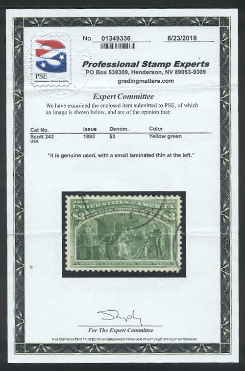 U.S. #243 Used XF/SUP w/ Cert - 1893 $3.00 Columbian