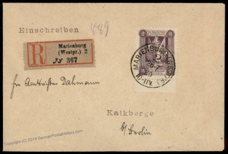 Germany 1920 Marienwerder Plebescite Mi41 EF Registered Cover 74428