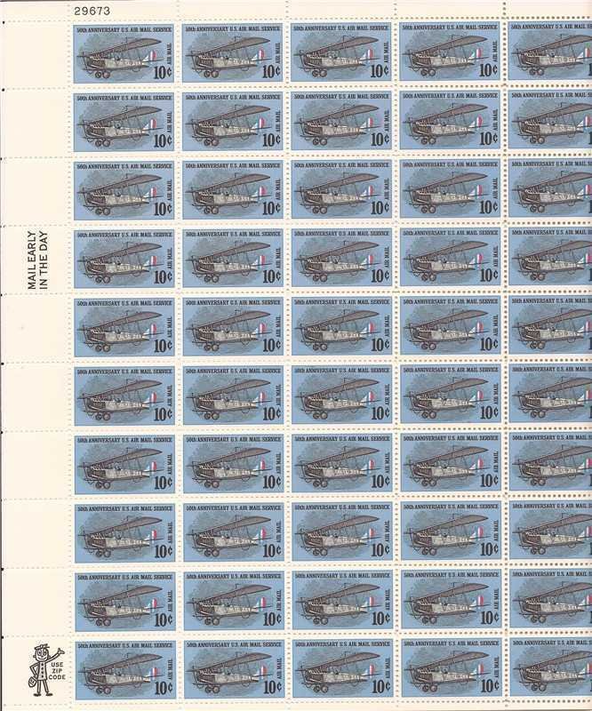 US Stamp - 1968 Curtiss Jenny Plane - 50 Stamp Sheet - Scott #C74