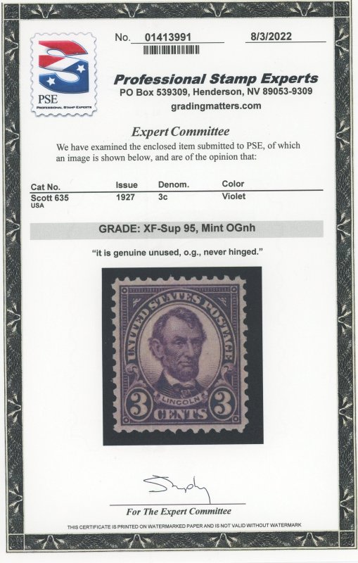 USA 635 - 3 cent Rotary Press - PSE Graded Cert: XF/Superb 95 Mint OGnh