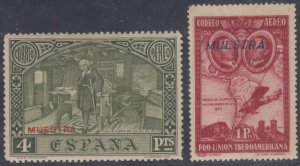 SPAIN 1930 COLUMBUS & PLANE Sc C41 & C55 OVPTD MUESTRA (SPECIMEN) HINGED MINT 