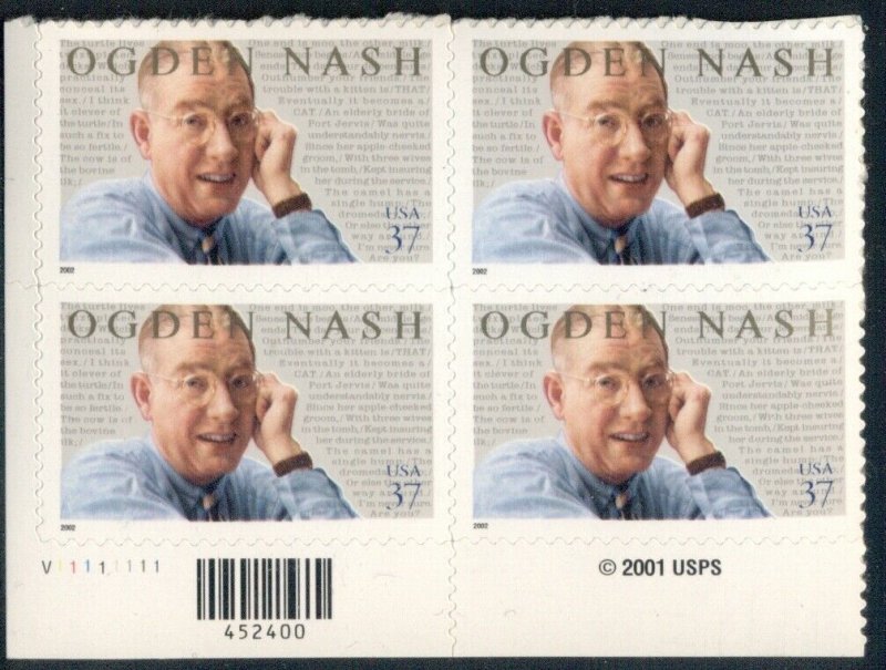 US: 2002 OGDEN NASH Plate Block of 4, Sc 3659; 37 Cents Values - Poet, Literatur