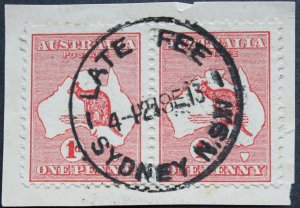 Australia 1913 One Penny Kangaroo pair with LATE FEE SYDNEY postmark