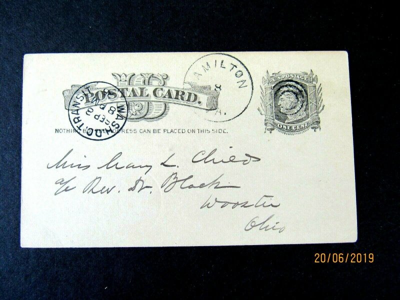 UX7 Postal Card, Hamilton VA cancel, 1885, Wash DC Transit Aux Cancel, to Ohio