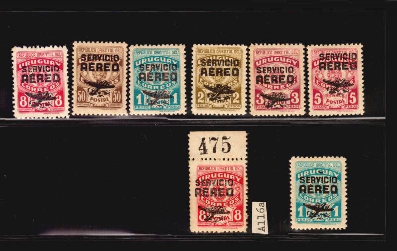 COAT OF ARMS OVERPRINTED PLANE URUGUAY AIRMAIL  #C121-6 + VARIETIES MNH XF +$30