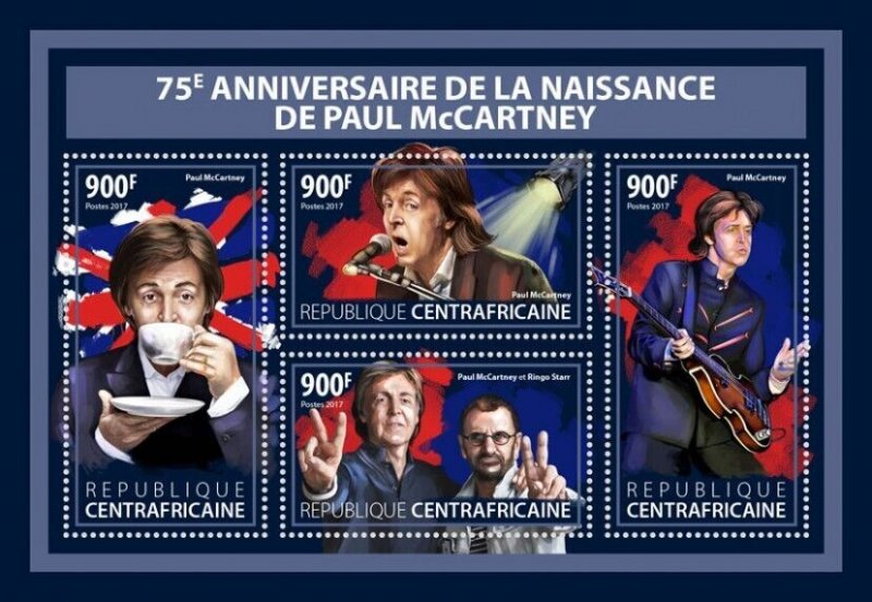 2017 Centrafrique - Paul Mccartney. Y&T: 5161-5164. Michel Code: 7250-7253