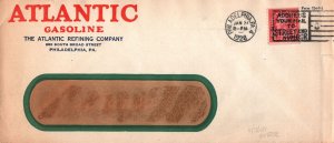 1928 CORNER CARD ATLANTIC MOTOR OIL ADVERTISING ON REAR 2c COIL STAMP SLOGAN