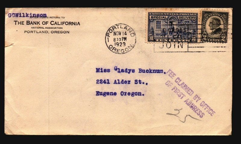 US 1923 Bank of CA Special Delivery Cover / Small Edge Tear - L4803