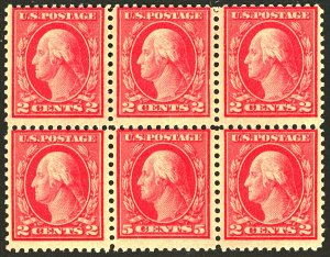 U.S. #505 MINT BLOCK OF 6 OG NH/HR ON TOP MIDDLE STAMP