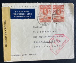 1940 Accra Gold Coast Censored Airmail Cover To St Imier Switzerland