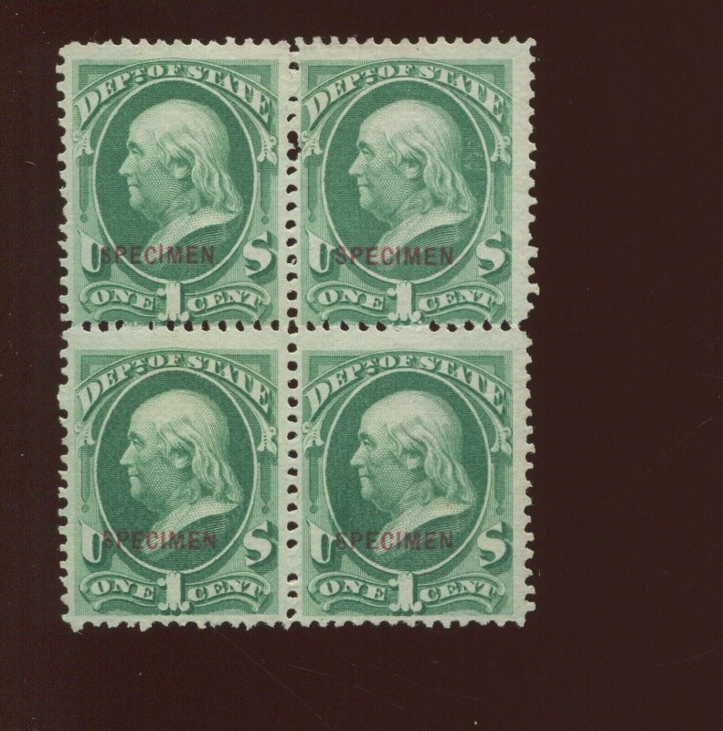 O57S State Dept Official  Specimen Block of 4 Stamps (By 1913) 