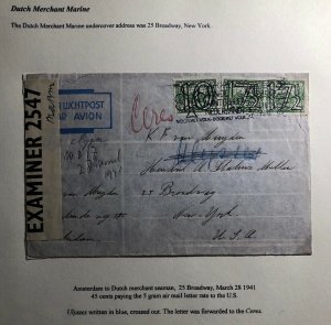 1941 Amsterdam Netherlands Censored Cover To Dutch Merchant Marine Broadway USA