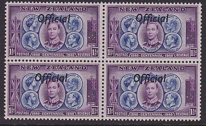 NEW ZEALAND 1940 Centenary Official 1½d block of 4 MNH. SG cat £24..........5244