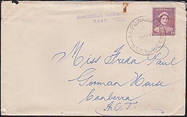 AUSTRALIA 1941 1d Concession rate cover - RAAF PO WAGGA WAGGA cds..........B5781
